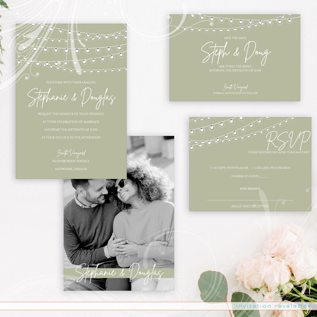 String Lights Invite, Modern Light Invite, Save the Date Card, Country ...