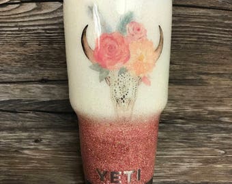 Bullhead Skull yeti cup, deer skull, Steer skull, stainless steel tumbler, country girl yeti, glitter yeti, Rose Gold glitter tumbler cup