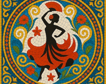 Vibrant Flamenco Dancer Mosaic – Spanish Wall Art with Red Dress & Fan | Azulejos