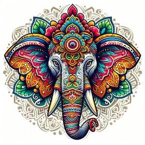 May include: A colourful digital illustration of an elephant, decorated with intricate patterns. The elephant's head and ears display detailed designs in red, blue, yellow, and green. A decorative mandala pattern forms the background.