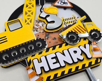 Adorno personalizado 3D para pastel de cumpleaños de niño con temática de obra en construcción: excavadora, grúa, camión volquete, decoración para pastel, nombre, número, pastel para fiesta de obra en construcción.