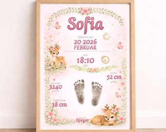 Póster de nacimiento de bebé personalizado con huella de mano y pie, póster con datos de nacimiento para niña, regalo de nacimiento de bebé, descarga de fotos de nacimiento