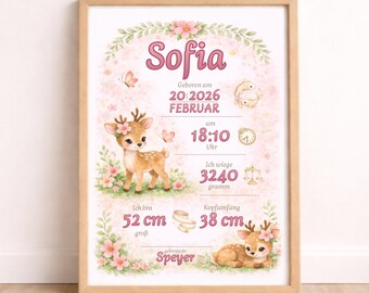 Póster de anuncio de nacimiento personalizado con diseño de ciervo, tablero de anuncio de nacimiento de bebé, póster de anuncio de nacimiento para niñas, foto de nacimiento de bebé, regalo para recién nacidos, detalles de nacimiento