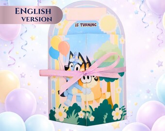 Tarjeta de invitación de cumpleaños para niños | Invitación plegable para fiesta infantil | Invitación de cumpleaños con perro azul de dibujos animados | Invitación de cumpleaños personalizada