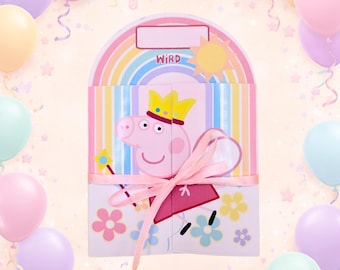 Tarjeta de invitación de cumpleaños digital de Peppa Pig, plantilla de invitación de Peppa Pig, cumpleaños infantil arcoíris, PDF imprimible DIY, plegable