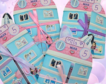 Tarjeta de invitación para fiesta de cumpleaños infantil | Tarjeta desplegable | Invitación para fiesta de casa de muñecas con gatos | Invitación infantil personalizada | Invitación de cumpleaños