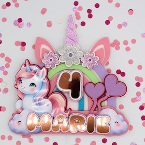 Topper per torta unicorno 3D personalizzato, nome ed età, festeggiata, topper per torta glitterato, topper per torta unicorno per feste, compleanno bambini