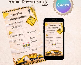Invitación de cumpleaños con temática de obra (plantilla de Canva para WhatsApp) - Invitación de excavadora (editable digitalmente) - Fiesta de cumpleaños para niño (teléfono móvil)