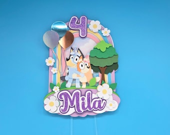 Adorno para tarta de cumpleaños de Bluey | Adorno 3D personalizado con nombre y número | Bluey & Bingo | Diseño premium multicapa