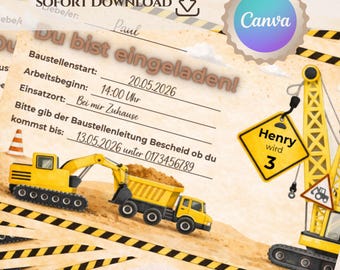 Plantilla de invitación para fiesta de cumpleaños con temática de obra (descarga en Canva) - Invitación editable de excavadora (PDF) - Cumpleaños de niño
