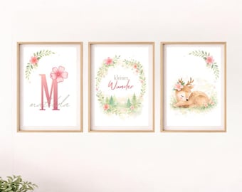 Set de 3 piezas de arte mural personalizado de ciervo bebé – Decoración infantil para niñas – Regalo para baby shower – Nombre e inicial – Descarga digital