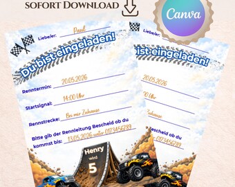 Plantilla de invitación de cumpleaños de Monster Truck en Canva. Descarga la invitación A6 para niños (PDF editable).