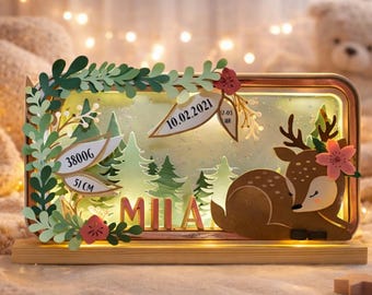 Regalo para baby shower | Detalles de nacimiento personalizados | Luz de noche para guardería | Luz de nacimiento con caja de sombras 3D | Regalo de cumpleaños para bebé