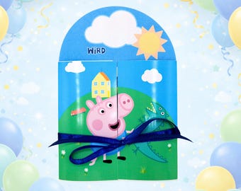 Tarjeta de invitación de Peppa Pig para cumpleaños de niño, George, cumpleaños infantil de Peppa Pig, tarjeta plegable con cinta de raso, invitación a fiesta, azul