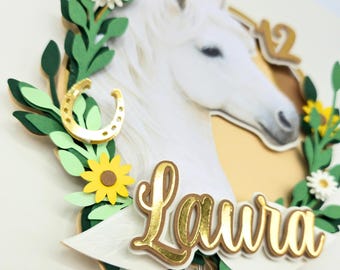 Adorno personalizado 3D para pastel de caballo para la fiesta de cumpleaños de niñas, decoración de pastel de caballos con nombre y número