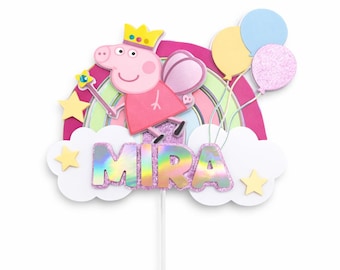 Adorno de arcoíris personalizado para tarta | Adorno de cumpleaños con nombre y edad | Cumpleaños infantil | Diseño inspirado en Peppa Pig