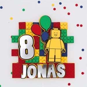 Topper per torta Lego 3D, mattoncini colorati, personalizzabile con nome ed età – multistrato in look 3D – festa di compleanno per bambini – circa 15×15 cm – bastoncino acrilico