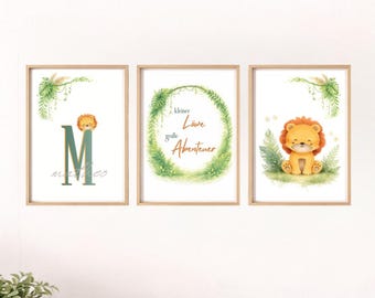 Arte mural personalizado de león para habitación infantil | Juego de 3 pósteres A4 | Nombre e inicial | Regalo de acuarela para bebé por nacimiento o bautizo
