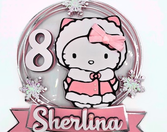 Adorno para tarta de princesa personalizado | Adorno para tarta con nombre y edad | Adorno rosa para tarta de cumpleaños infantil | Diseño de gatito