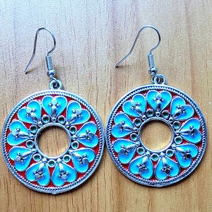 Round ethnic earrings in modern colors Amazigh Kabyle pendant with Berber patterns in modern colors, wedding gift