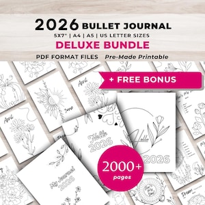 May include: A collection of printable 2026 bullet journal pages with floral and seasonal designs. The pages include monthly calendars, mood trackers, and more. The bundle includes a free bonus and over 2000 pages.