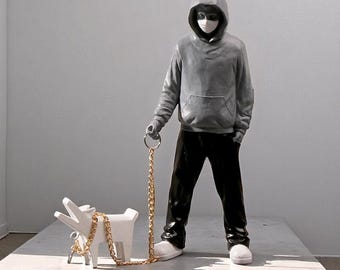 Masked Hoodie Street Art Statue – Resin Man & Dog with Chain Leash
