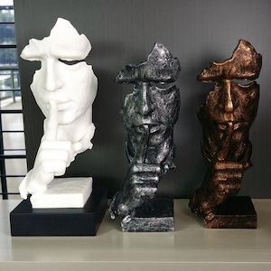 Abstract Face Silence Resin Statue – Modern Decor in Bronze, Silver or White