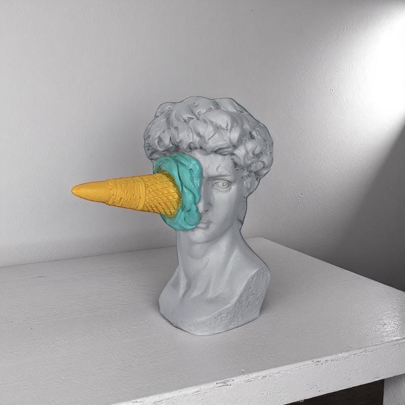 David Bust Sculpture with Ice Cream, Modern Art Decor, Funny Home Accent, Unique David Statue, Quirky Desk Decor