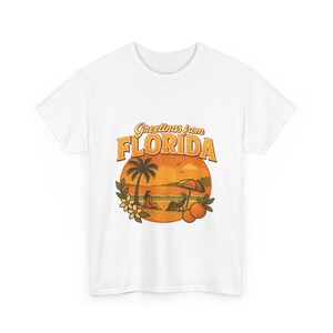 Vintage Florida Shirt - Retro &quot;Greetings from Florida&quot; Beach Sunset Tee with Oranges & Palm Tree - Sunshine State Graphic T-Shirt