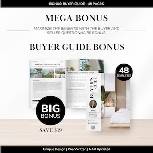 May include: An image promoting a buyer's guide, with the text "MEGA BONUS" and "BUYER GUIDE BONUS." The guide contains 48 templates and is described as having a unique, pre-written design. The image also includes the text "SAVE &pound;19."