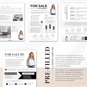 May include: Marketing documents with a real estate theme, featuring the phrases "For Sale By Owner?" and "Pre-Filled & Done-For You." The documents include charts, graphs, and images of a woman.