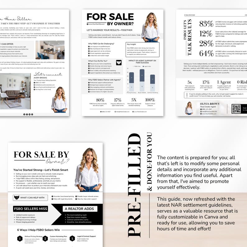 May include: Marketing documents with a real estate theme, featuring the phrases "For Sale By Owner?" and "Pre-Filled & Done-For You." The documents include charts, graphs, and images of a woman.