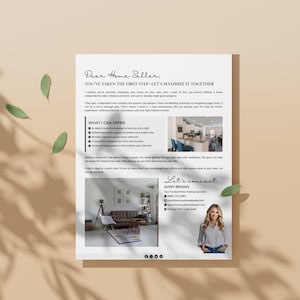 May include: A flyer with the text "Dear Home Seller, You've Taken The First Step - Let's Maximise It Together." The flyer includes a list of services and contact information for Avery Brooks, a real estate agent. The flyer has images of a home interior.