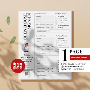 Könnte beinhalten: Ein weißes Anmeldeformular für ein offenes Haus mit Kontaktfeldern, einer Immobilien-Zeitleiste und einem Foto eines Maklers. Enthält einen roten Kreis mit "$19 BONUS" und ein Banner mit "1 PAGE +$19 Free Bonus".