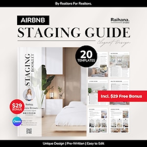 May include: An Airbnb staging guide digital template set featuring 20 pages for real estate agents. The document includes a cover page with a bedroom interior, checklists for various rooms, and contact information for a real estate agent named Livia Brown.