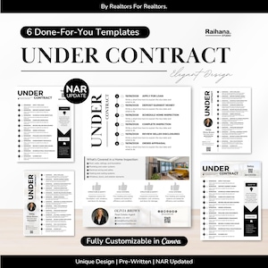 May include: A black and white template design for real estate contracts. The design includes the text "UNDER CONTRACT" and "6 Done-For-You Templates". The templates are fully customizable in Canva. The design is pre-written and NAR updated.
