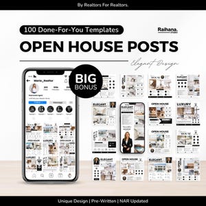 May include: A digital collection of 100 done-for-you open house social media templates by Raihana Studio. The display features a smartphone showing a real estate agent profile and a grid of various marketing post designs with black and white text.