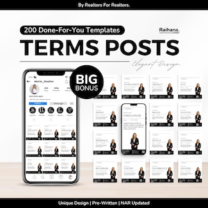 May include: A digital collection of 200 social media templates for real estate professionals, featuring the text 'TERMS POSTS', 'BIG BONUS', and 'Raihana Studio'. The display shows a smartphone interface and multiple square post layouts.