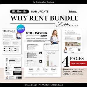 Peut inclure: Un ensemble de documents marketing pour agents immobiliers intitulé Why Rent Bundle Letters, comprenant quatre pages de contenu pré-rédigé. Les documents incluent du texte, des graphiques et des images comparant la location à l'achat.