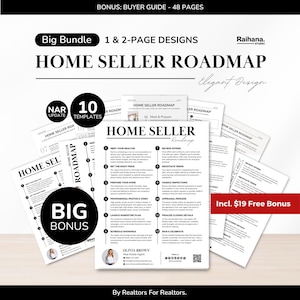 May include: A bundle of home seller roadmap templates with a bonus buyer guide. The design includes 10 templates, with 1 & 2-page designs. The text includes "Home Seller Roadmap" and "Big Bonus".