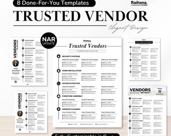 May include: A collection of eight digital templates for real estate trusted vendor lists. The documents feature black text on white backgrounds, organized into categories like security, home installation, and cleaning, with placeholders for contact info.