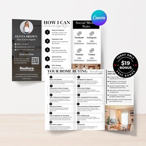 May include: A tri-fold real estate brochure template featuring a professional headshot of Olivia Brown, contact details, a QR code, and sections titled How I Can Support You, Social Media Stats, and Your Home Buying Roadmap with numbered steps.