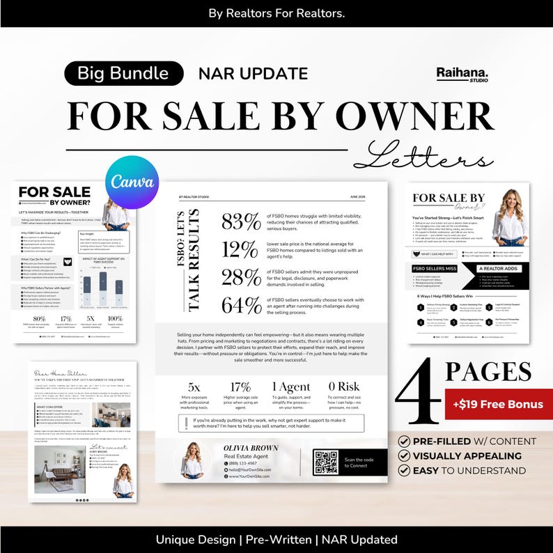 May include: A promotional graphic for "For Sale By Owner" letters, with statistics, a Canva logo, and the text "Big Bundle NAR UPDATE." The design includes images of real estate agents and bullet points highlighting key benefits.