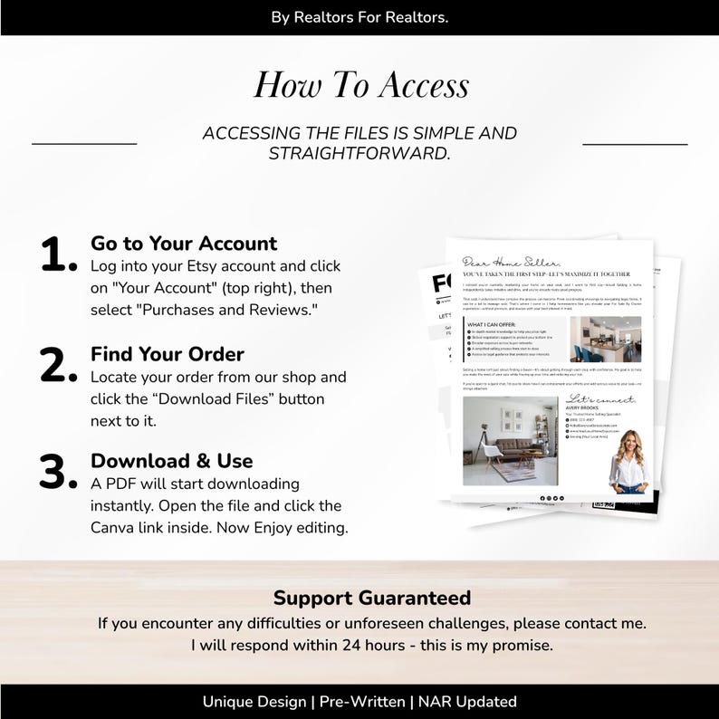 May include: A white graphic with instructions on how to access files after purchase. The text includes steps to find the order and download the PDF. The image also includes a sample document and contact information.