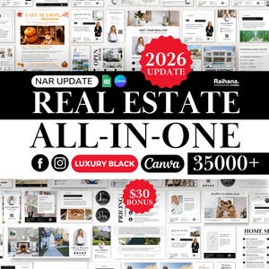 May include: A digital collection of real estate marketing templates featuring a black and white theme with red accents. The text reads 2026 UPDATE, REAL ESTATE ALL-IN-ONE, LUXURY BLACK, and $30 BONUS. The layout includes various flyers, social media posts, and newsletters.
