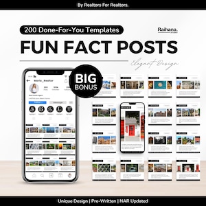 Puede incluir: Un kit de marketing digital con 200 plantillas listas para usar de publicaciones de datos curiosos para agentes inmobiliarios. La imagen muestra una interfaz de teléfono inteligente con un perfil y varios diseños de redes sociales.