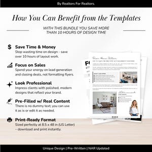 May include: A bundle of white flyers with the text "How You Can Benefit from the Templates" and bullet points highlighting features like saving time and money. Includes a sample flyer with a living room photo.