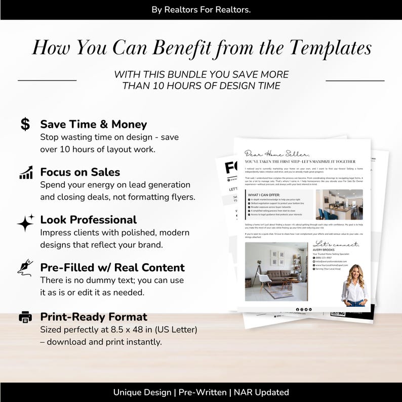 May include: A bundle of white flyers with the text "How You Can Benefit from the Templates" and bullet points highlighting features like saving time and money. Includes a sample flyer with a living room photo.