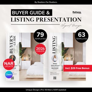 May include: A promotional graphic for real estate professionals. It features a "Buyer Guide & Listing Presentation" with 79 and 63 templates, respectively. The design includes the text "2026 Update" and "NAR Update". The design is labeled as "Unique Design | Pre-Written | NAR Updated".