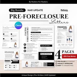 Puede incluir: Gráfico promocional para cartas de pre-ejecución hipotecaria, con un diseño moderno y limpio. La imagen incluye el texto "Big Bundle", "NAR Update" y "Pre-Foreclosure Letters". Destaca características clave como contenido pre-rellenado y atractivo visual, con una oferta de bonificación.